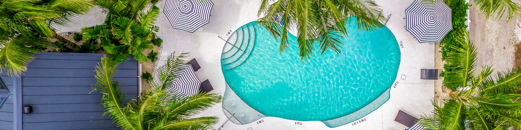 An aerial view shows a pool surrounded by palm trees, shaded lounge chairs, and tiled rooftops, creating a serene tropical setting.