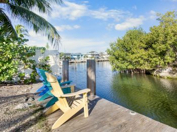 A serene waterfront scene with two Adirondack chairs, palm trees, and a view of a calm body of water under a blue sky.
