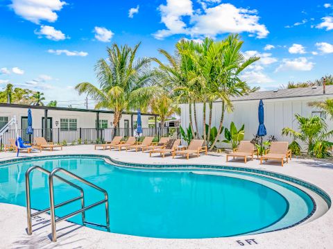 A sunny outdoor pool area with lounge chairs, umbrellas, and palm trees, adjacent to a white building under a blue sky with clouds.